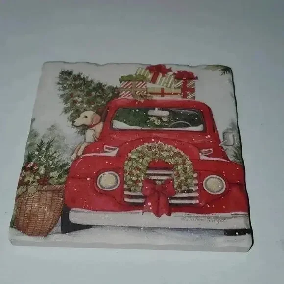 Red Truck and Dog Rustic Christmas Coasters Set of 4 NWT - Picture 5 of 6